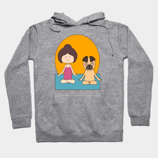 Yoga girl meditating with her pug in the sunrise Hoodie by Ralph Hovsepian